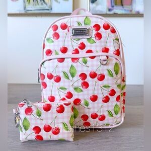 STEVE MADDEN Girl Bag Mini Backpack - White Pink Gingham Print and Cherries